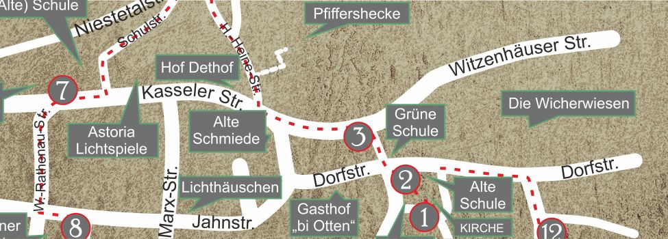 Karte mit der Tafel 2 am Dorfplatz und der Tafel 3 an der Witzenhäuser Str.